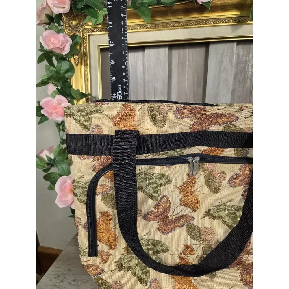 Vintage Bovano USA Butterfly Tapestry Tote Bag Zip Top Front Pocket Made in USA
